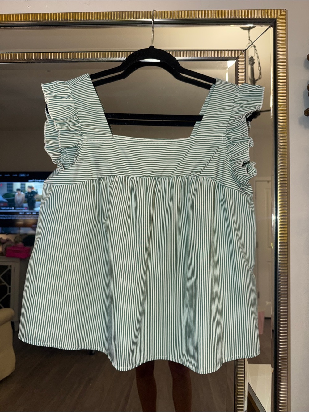 Women’s Striped Ruffle Sleeve Square‑Neck Top in Light Green